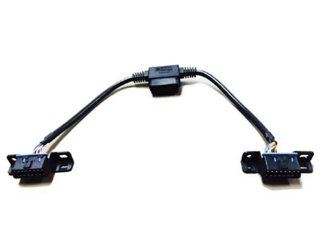 PowerStep pass-through harness: short cable with two OBD-II connectors and an inline module, on white