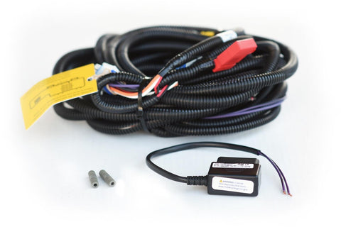 Plug-and-play conversion kit: long harness with warning tag, OBD-II module and butt splices on white