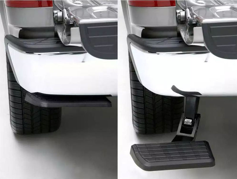Two-panel image of a bed step under a chrome rear bumper, folded away on the left and deployed on the right