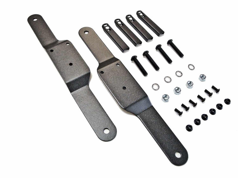Pair of long black straps with bolts, washers and clips, BedXTender no-drill mounting kit on white