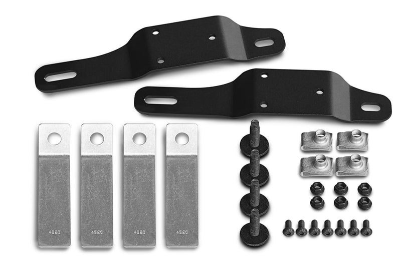 Pair of black brackets, four aluminum spacer plates and fasteners, BedXTender mounting kit on white