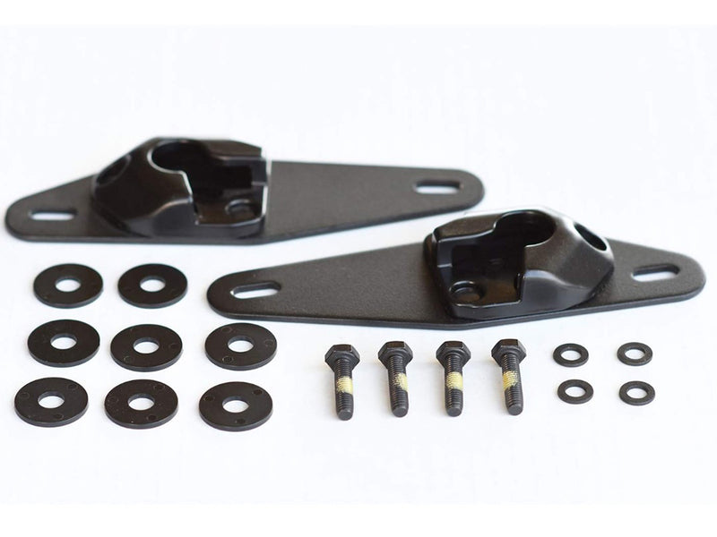 Pair of long black brackets with receiver cups, washers and bolts, BedXTender mounting kit on white