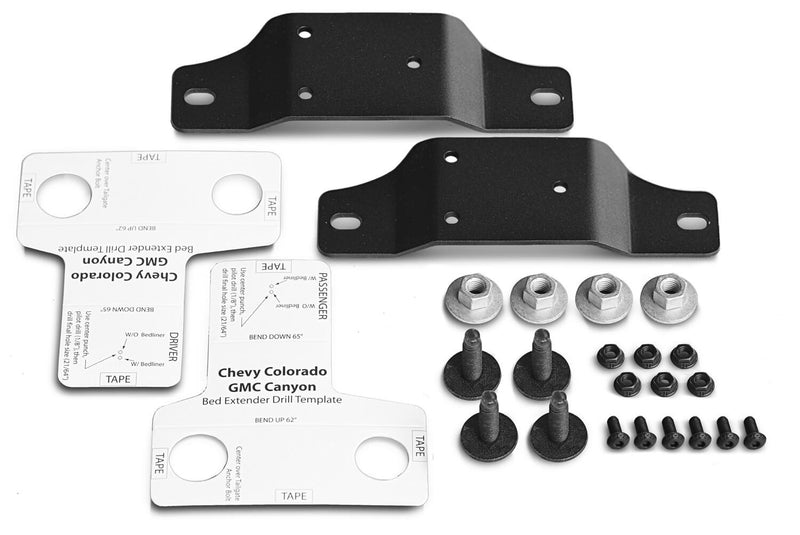 Pair of black brackets, fasteners and paper drill templates of a BedXTender mounting kit for Chevy Colorado and GMC Canyon