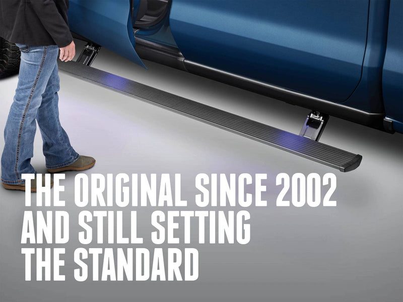 Person in jeans beside the deployed PowerStep with the text The Original Since 2002 and Still Setting the Standard