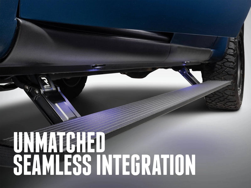 PowerStep deployed under a blue pickup with the text Unmatched Seamless Integration