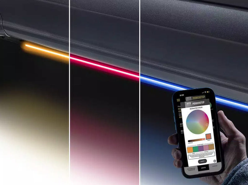 Three-panel view of the running-board edge light in amber, red and blue beside a phone color-picker app