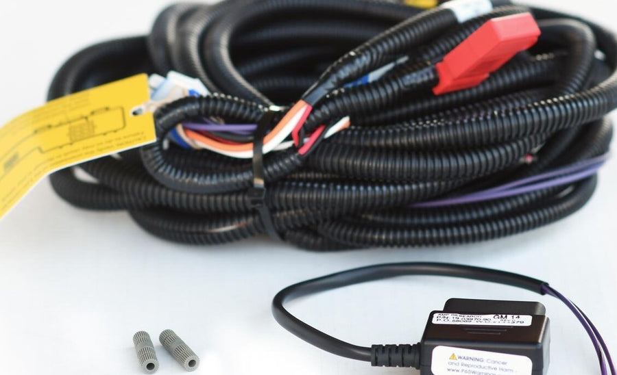 Plug-and-play conversion kit: long harness with warning tag, OBD-II module and butt splices on white