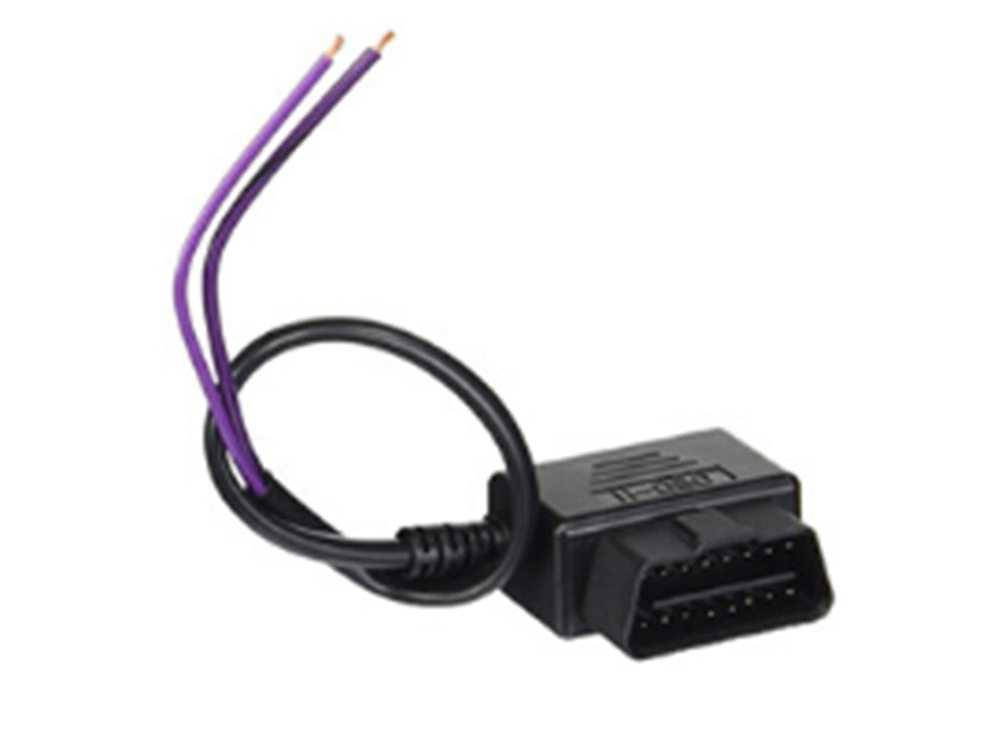 OBD-II plug on a short black cable with two purple leads, on white