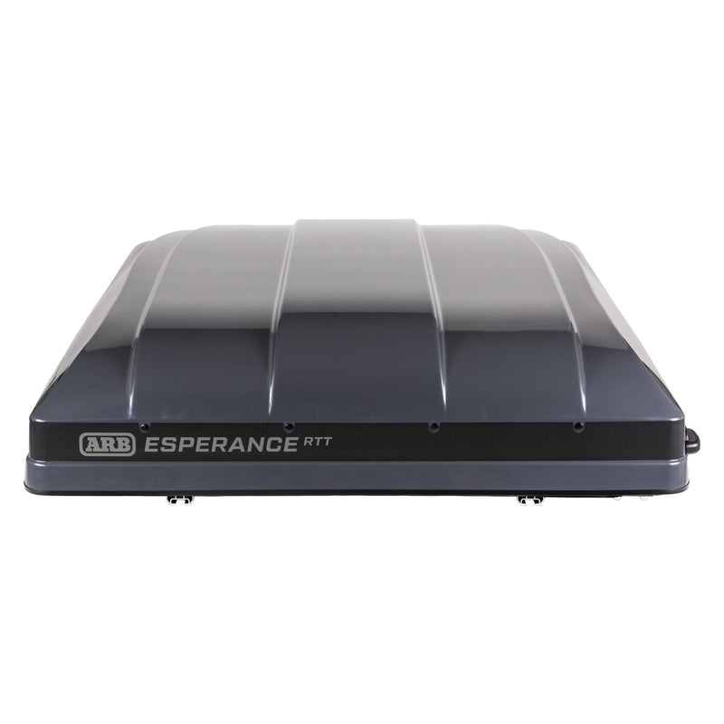Front elevation of the closed ARB Esperance V2 Roof Top Tent 802200V2 showing the ribbed dark grey shell, ARB Esperance RTT branding and underside mounting channels