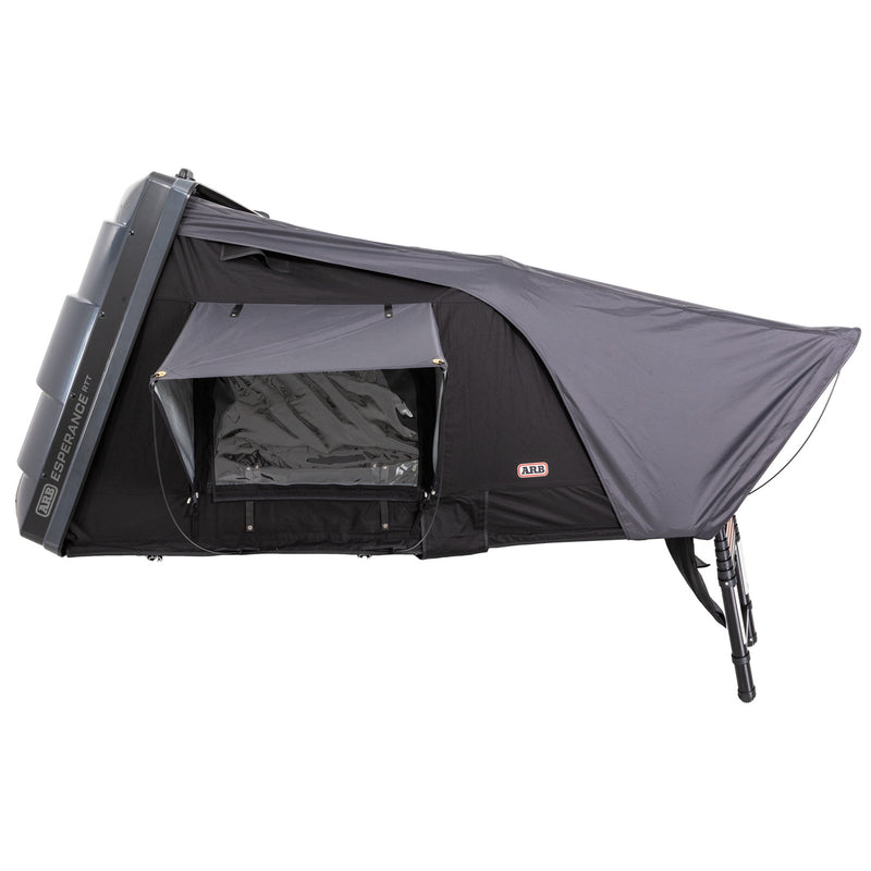 ARB Esperance V2 Roof Top Tent 802200V2 fully deployed side-on in the studio, with black canvas walls, clear window, grey rainfly guyed out and folded ladder at the entry