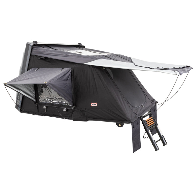 ARB Esperance V2 Roof Top Tent 802200V2 deployed at a three-quarter angle showing propped window awnings, ARB canvas badge, rainfly and folded telescopic ladder