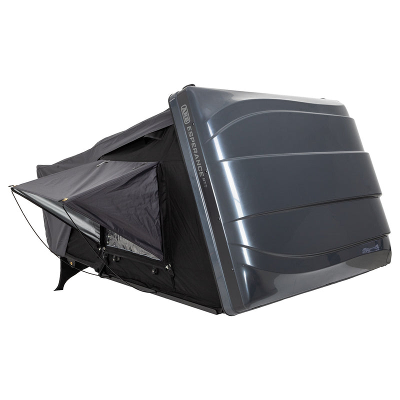 ARB Esperance V2 Roof Top Tent 802200V2 part-opened in the studio, hardshell raised with the black canvas body, grey rainfly and propped window awning visible