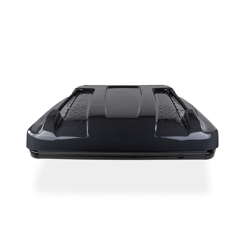 ARB 802500 Altitude Rooftop Tent closed end elevation showing low-profile gloss hardshell lid and slim black base tub, studio white