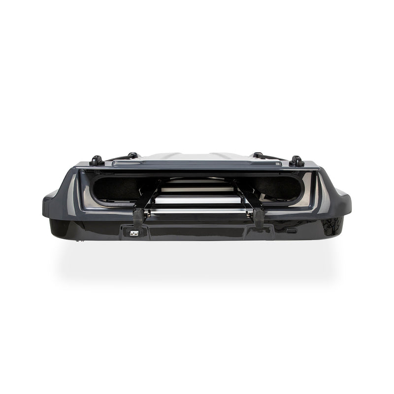 ARB 802500 Altitude Rooftop Tent shown part-open revealing internal ladder storage channel, oval end openings and webbing retainer straps