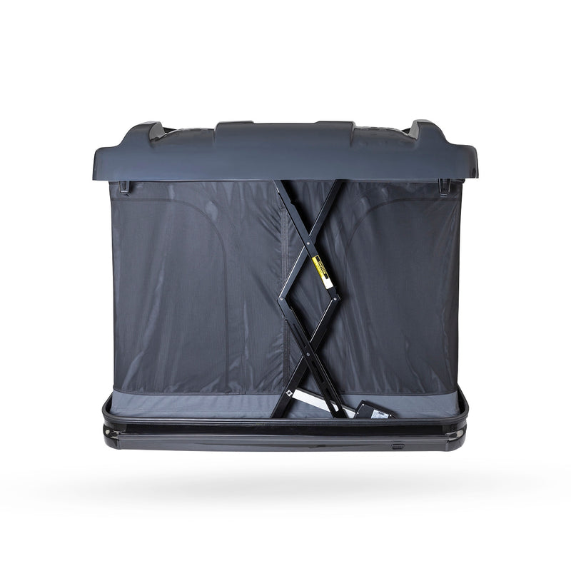 ARB 802500 Altitude Rooftop Tent raised, end elevation showing the black scissor actuator arm and grey canvas end wall, studio white