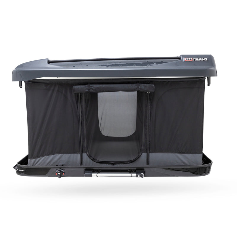 ARB 802500 Altitude Rooftop Tent raised, side elevation showing ARB Touring badge, zippered canvas doorway and mesh window, on white