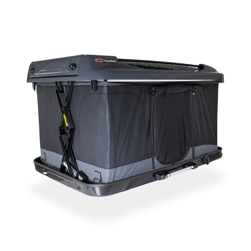 ARB 802500 Altitude Rooftop Tent fully raised on its electric scissor mechanism with grey canvas walls and mesh windows, studio white background