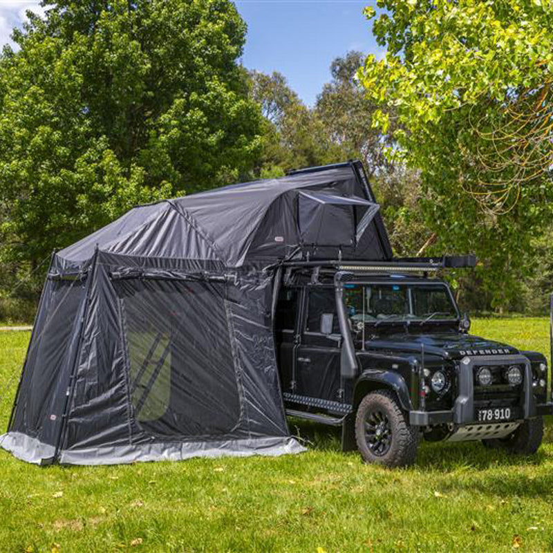 ARB Esperance V2 Annex 804200V2 in grey and black pitched under an Esperance rooftop tent on a black Defender, showing zip-in walls and groundsheet