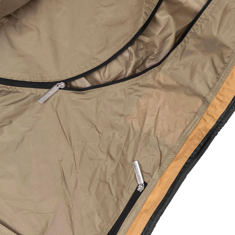 Close-up of the ARB Awning Room 813108A door zips with chrome ARB-branded pulls on the greige 300D Oxford polyester panels and contrast edge binding