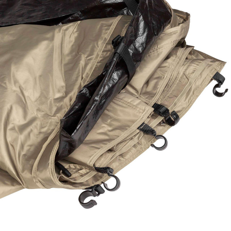 Close-up of the ARB Deluxe Awning Room With Floor 813108A showing the black polyethylene floor folded over the greige walls and the row of plastic attachment hooks