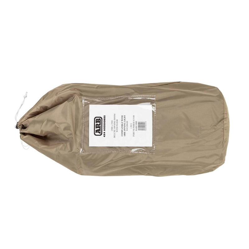 Packed tan storage bag for the ARB Deluxe Awning Room With Floor 813108A, with the ARB spec label showing the 2500 x 2500 size and part number 813108