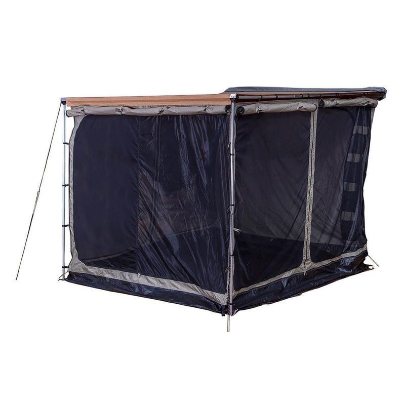 ARB Awning Room with Floor 2.0M 813208A shown on white in mesh-wall configuration with taupe frame edging and black waterproof bathtub floor