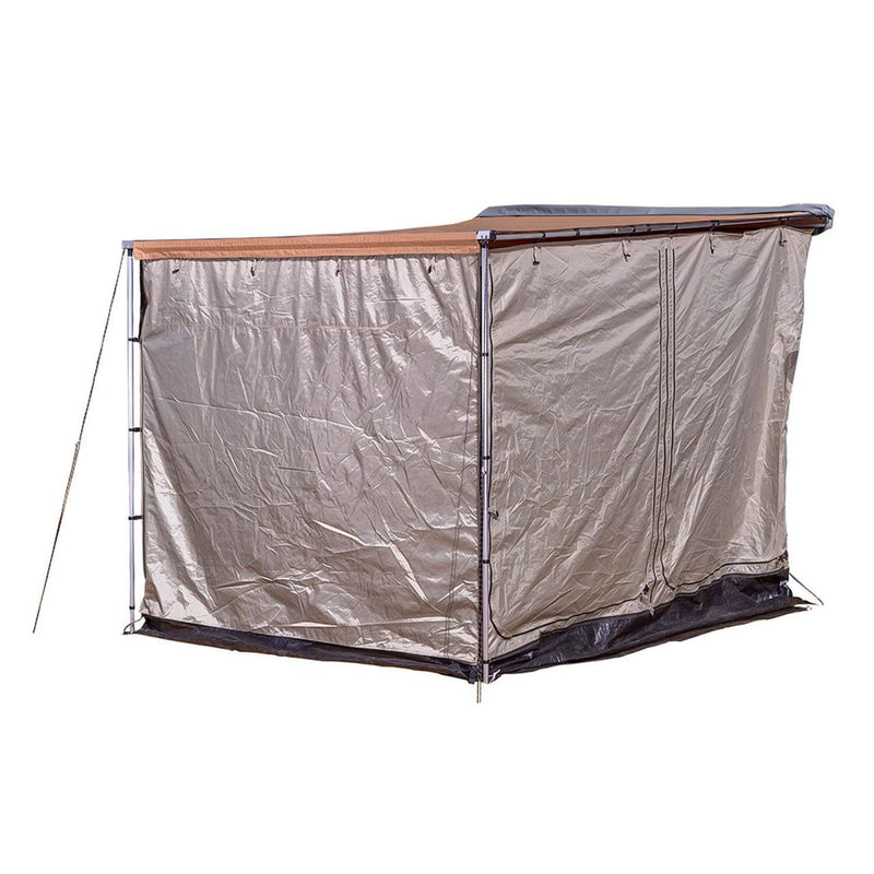 ARB Awning Room with Floor 2.0M 813208A erected with solid walls zipped closed, shown on white with awning canopy, poles and waterproof floor