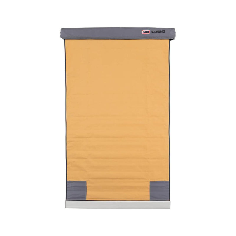 ARB 814301 4ft soft case awning unrolled in studio, sand canvas with grey ARB Touring valance and aluminum front beam, on white