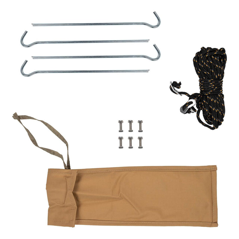 Pegs, guy rope with alloy tensioners, stainless bolts and sand canvas supplied with the ARB 814301 4ft soft case awning, flat-lay on white