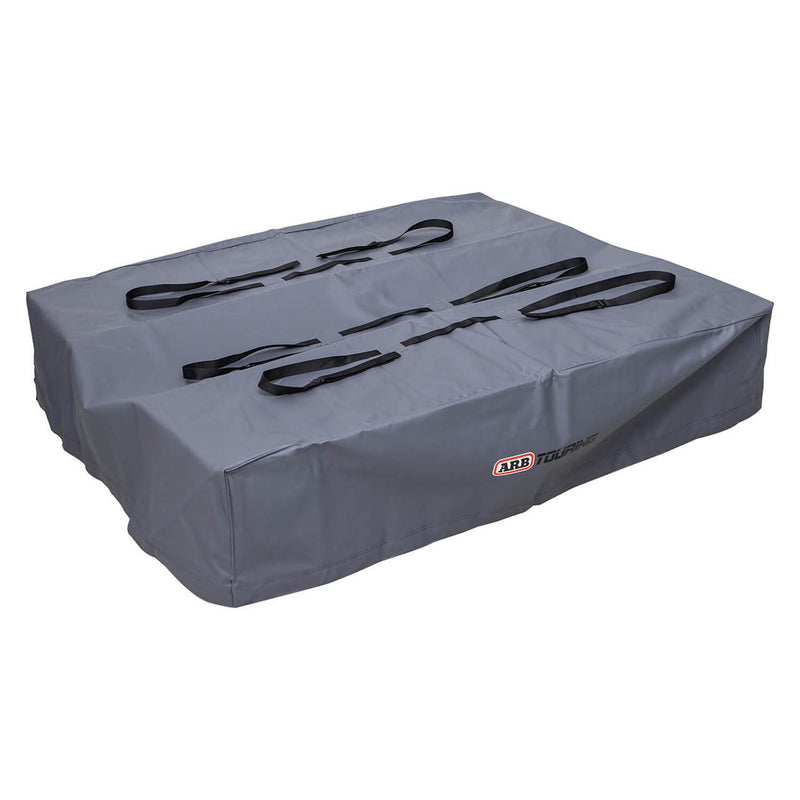ARB Rooftop Tent Cover 815100 in grey PVC with black webbing pull straps and ARB Touring branding, shown fitted over a folded tent shape on white