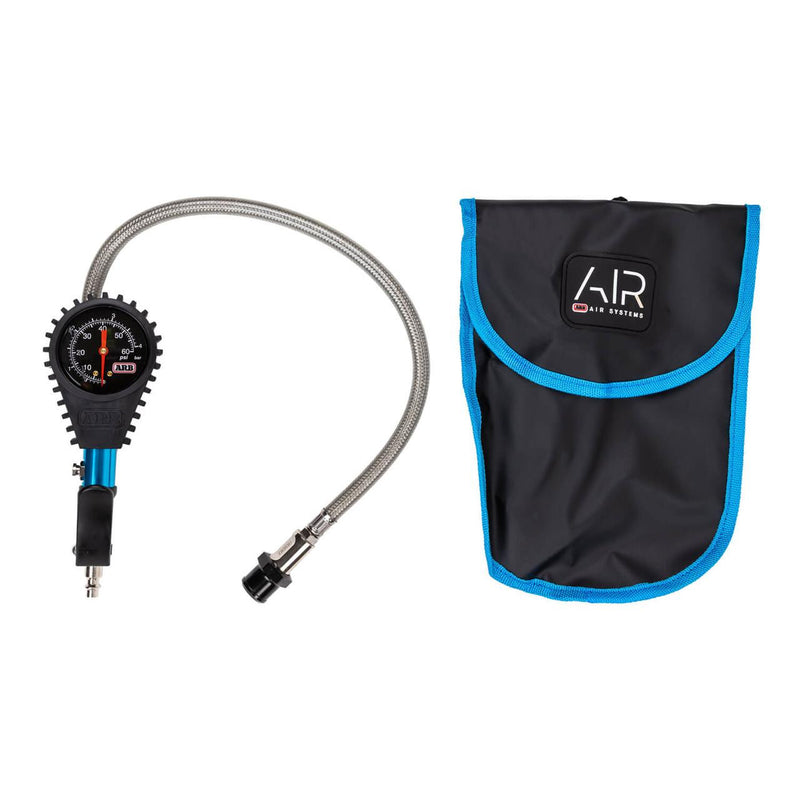 ARB605B analog tire inflator with a black rubber armored head, a black dial marked in psi and bar, blue anodized body and a stainless braided hose, shown beside the black ARB Air Systems carry pouch