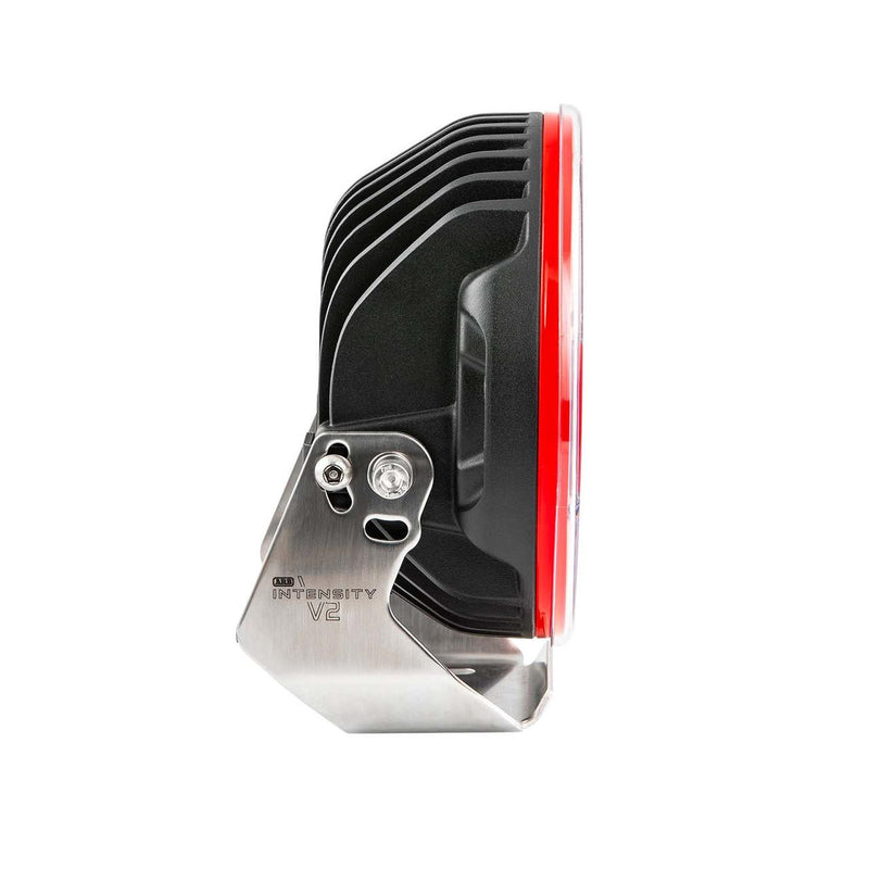 Side profile of the ARB Intensity V2 AR21FV2 showing the depth of the finned housing, the red bezel edge and INTENSITY V2 laser-marked on the stainless bracket