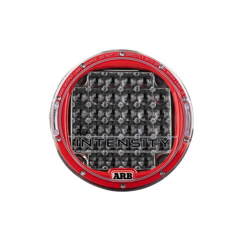 ARB Intensity V2 AR32SV2 driving light front view, red bezel around a clear lens with 32 OSRAM LEDs set in deep round HyperSpot reflector cups, stainless bracket and Deutsch pigtail
