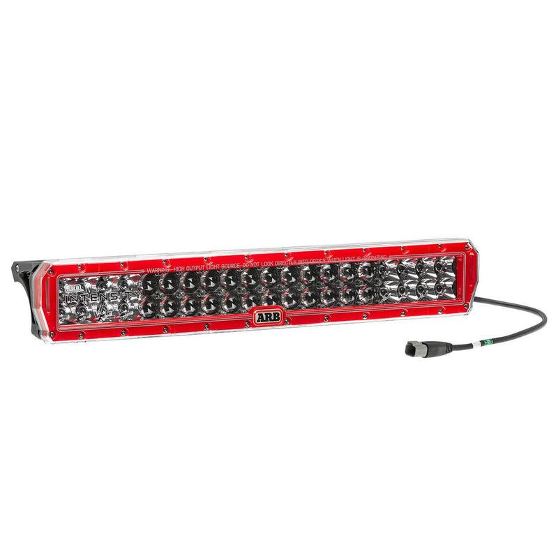 ARB Intensity V2 AR40CV2 light bar at an angle, 22 inch red-bezel twin-row bar with 40 OSRAM LEDs behind a clear lens, ARB badge centered and a sealed pigtail at one end