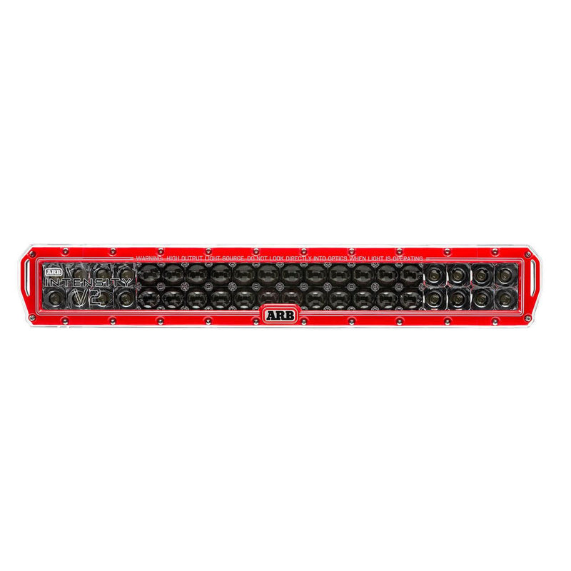 Front elevation of the ARB Intensity V2 AR40CV2 light bar showing both rows of LEDs, the mix of spot and flood optics along its length and the INTENSITY V2 marking at the left end