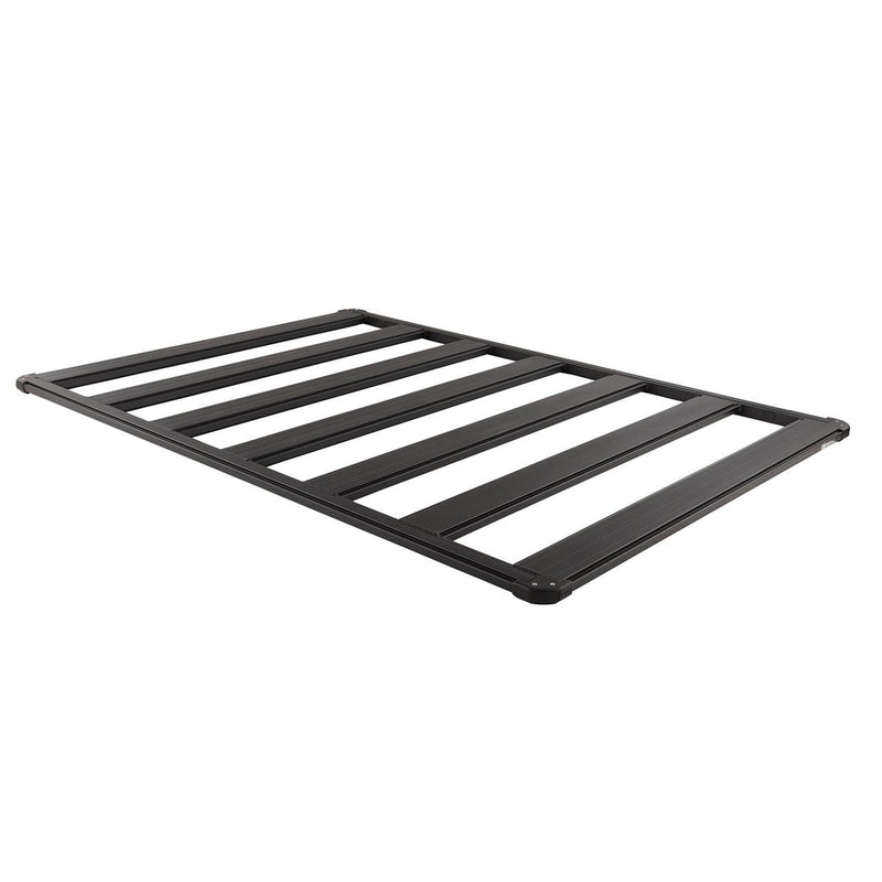 ARB BASE Rack aluminum roof rack platform on white, three quarter view showing seven black cross beams and the dovetail rail around the full perimeter