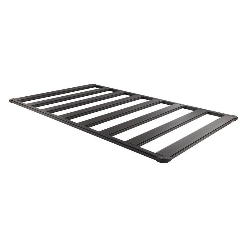 ARB BASE Rack aluminum roof rack platform on white, three quarter view of the long eight beam deck with perimeter dovetail rail