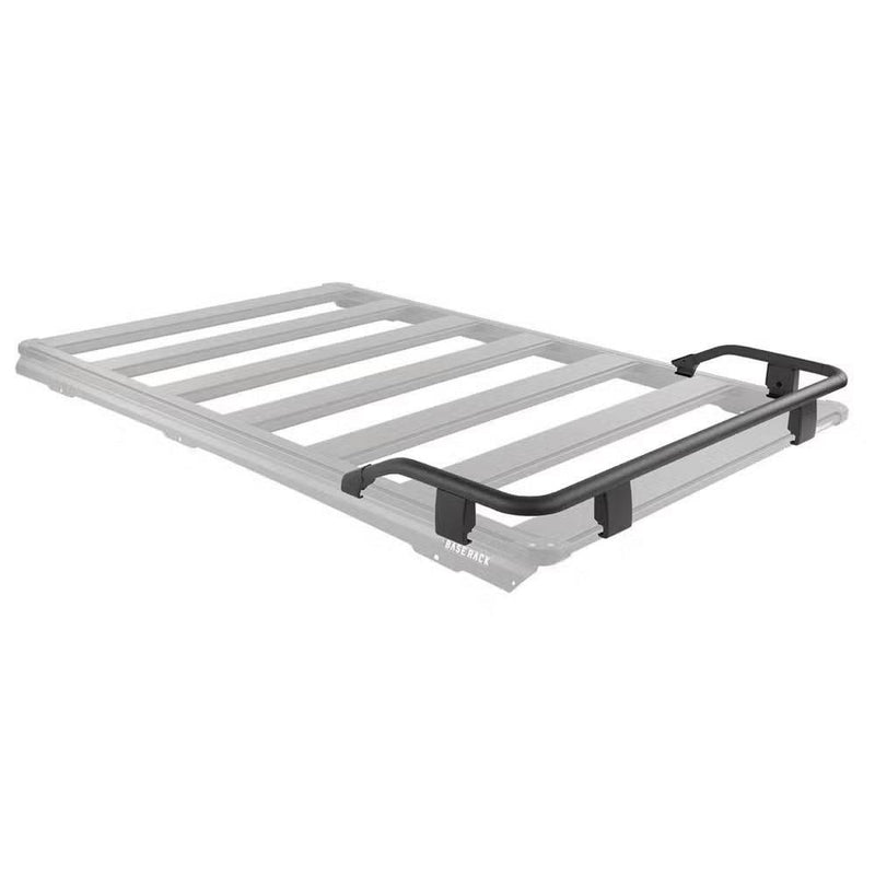 ARB BASE Rack guard rail shown in black on a ghosted grey rack outline, covering the front edge only with a short return down each side