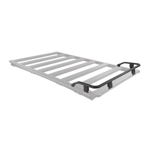 ARB BASE Rack guard rail shown in black on a ghosted grey rack outline, covering the front edge only with a short return down each side