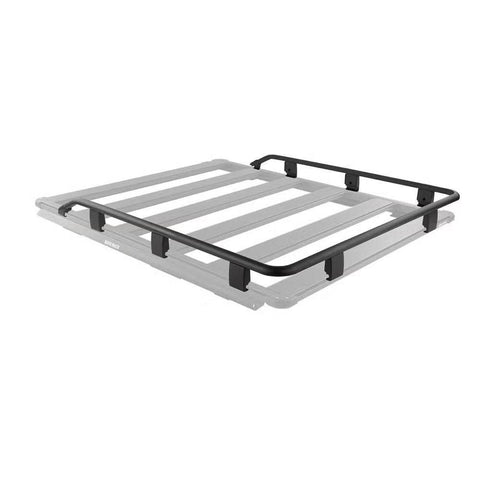 ARB BASE Rack guard rail shown in black on a ghosted grey rack outline, wrapping the front edge and running about three quarters of the way down both sides with the rear left open