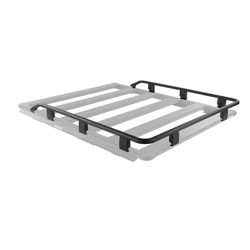 ARB BASE Rack guard rail shown in black on a ghosted grey rack outline, wrapping the front edge and running about three quarters of the way down both sides with the rear left open