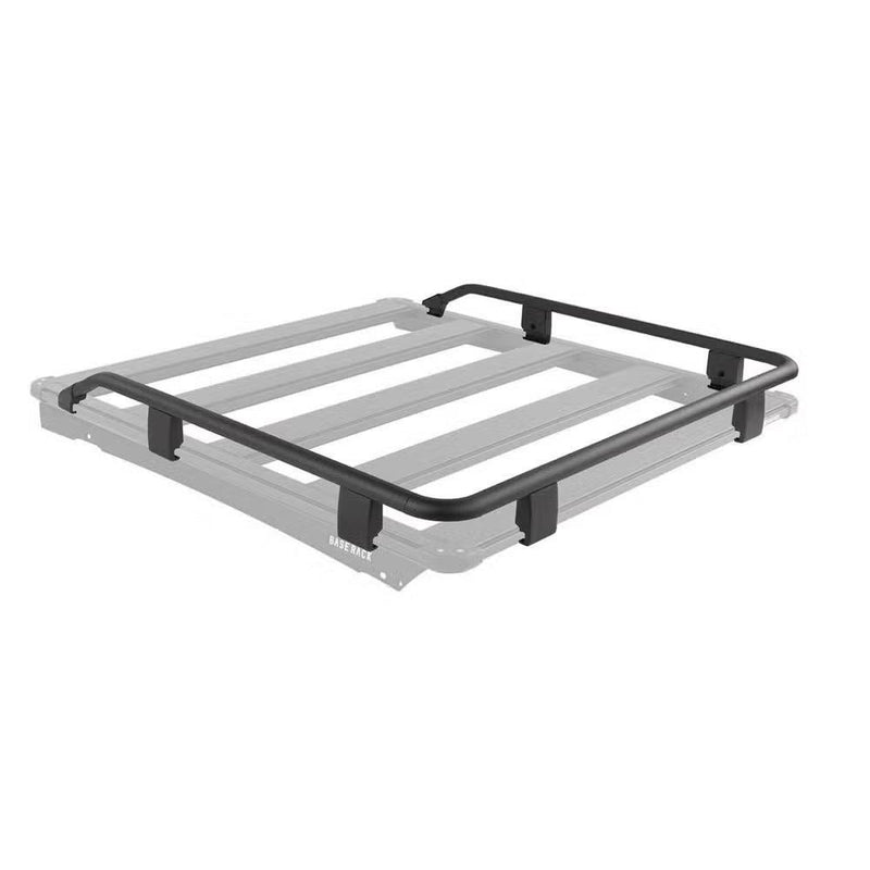 ARB BASE Rack guard rail shown in black on a ghosted grey rack outline, wrapping the front edge and running about three quarters of the way down both sides with the rear left open