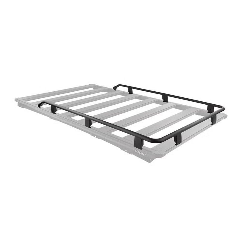 ARB BASE Rack guard rail shown in black on a ghosted grey rack outline, wrapping the front edge and running about three quarters of the way down both sides with the rear left open
