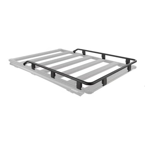 ARB BASE Rack guard rail shown in black on a ghosted grey rack outline, wrapping the front edge and running about three quarters of the way down both sides with the rear left open