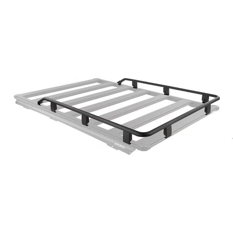 ARB BASE Rack guard rail shown in black on a ghosted grey rack outline, wrapping the front edge and running about three quarters of the way down both sides with the rear left open