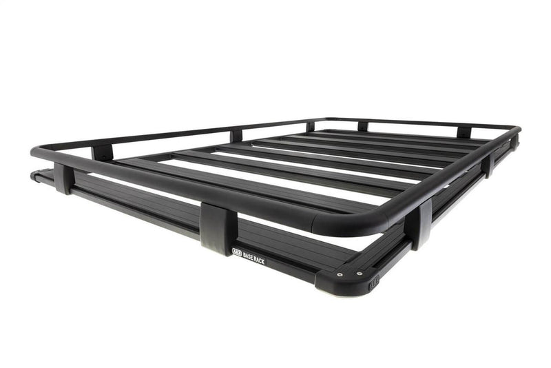 ARB BASE Rack full perimeter guard rail fitted to a black BASE Rack platform, showing the rail running around all four sides on cast upright clamps