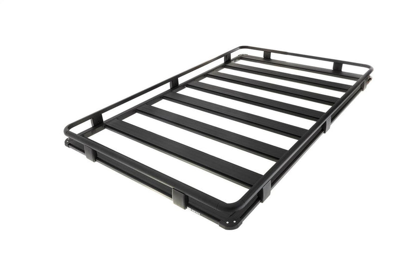 Angled view of an ARB BASE Rack platform fitted with the full perimeter guard rail, cross beam deck visible inside the rail