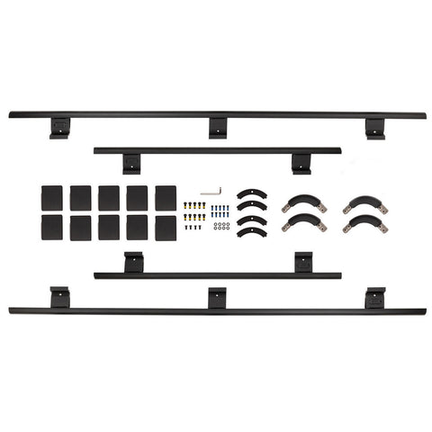 ARB BASE Rack full guard rail kit laid out on white: four rail sections, mounting brackets, pads and hardware