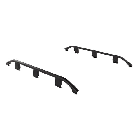Pair of ARB BASE Rack trade guard rails in black with upturned ends, shown on white
