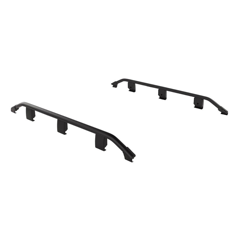 Pair of ARB BASE Rack trade guard rails in black with upturned ends, shown on white